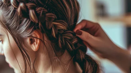 Tuinposter Close-up intricate artistry of hairstyling, as skilled hands were beautiful braids and create an exquisite hairstyle for a woman. Braiding process © Anna Zhuk