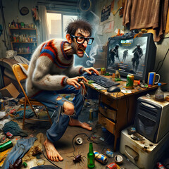 a humorous theme depicting a person addicted to computer games. The notorious gamer is playing on a PC, with high detail - obrazy, fototapety, plakaty
