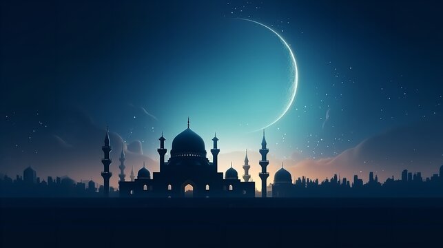Mosque silhouette in sunset sky and candels on Ramadan