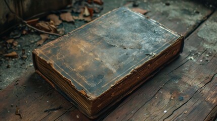 Obraz premium Time-Worn Tome: Antique Leather-Bound Book Resting on a Rustic Wooden Surface