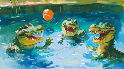 Vibrant Illustration of Playful Crocodiles Enjoying a Swim with a Bouncing Ball