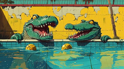 80's Style Graffiti of Crocodiles Playing Water Polo in a Vibrant Poolside Mural