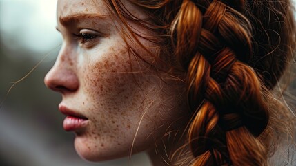 Close up portrait beautiful redhead girl with hair elegantly braided. Red hair Braid. Beauty, fashion, hairstyling and individuality - obrazy, fototapety, plakaty