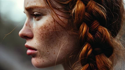 Tuinposter Close up portrait beautiful redhead girl with hair elegantly braided. Red hair Braid. Beauty, fashion, hairstyling and individuality © Anna Zhuk
