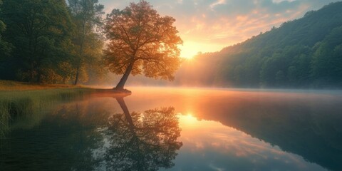 Misty Lake Dawn Sunshine - obrazy, fototapety, plakaty