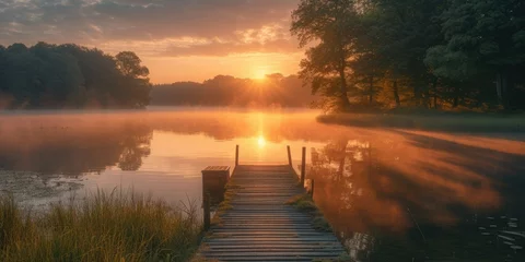 Foto op Canvas Misty Lake Dawn Sunshine © daisy