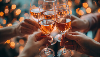 Hands with glasses of wine, champagne close-up against the background of twinkling lights