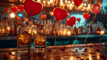 Fototapeta na wymiar Cinematic photograph of two whisky glasses at a pub. Dim lights Heart shaped balloons and confeti. Valentines. Love