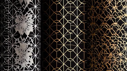 Luxurious triptych of intricate patterns featuring geometric lattices and stylized floral motifs. - Powered by Adobe