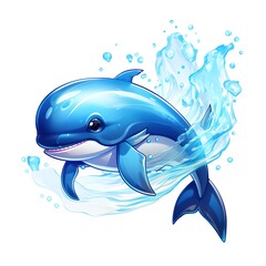Obraz premium cute cartoon blue dolphin splashing in the ocean, isolated on white background
