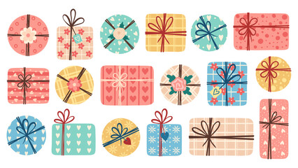 Set of gift boxes. Present package wrapped in festive paper wrapping with tied bow, ribbon, twine string. Christmas, Xmas, valentine's day, birthday and New Year present in wrapping paper.