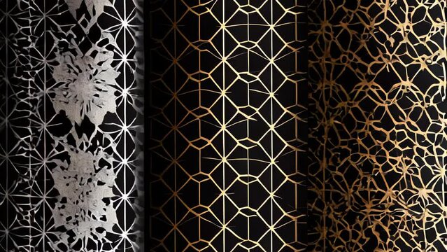 Luxurious triptych of intricate patterns featuring geometric lattices and stylized floral motifs. 