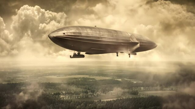 zeppelin flying over landscape in vintage sepia style
