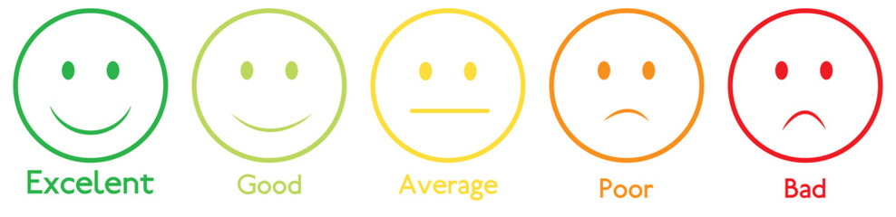 Iconic illustration of satisfaction level. Range to assess the emotions of your content. Feedback in form of emotions. User experience. Customer feedback. Excellent, good, normal, bad, awful. Vector F - obrazy, fototapety, plakaty
