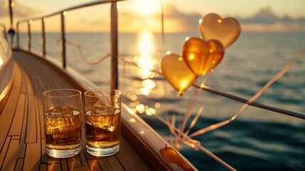 Fototapeta na wymiar Cinematic photograph of two whisky glasses on a yacht deck at sea. Sunshine. Heart shaped balloons and confeti. Valentines. Love