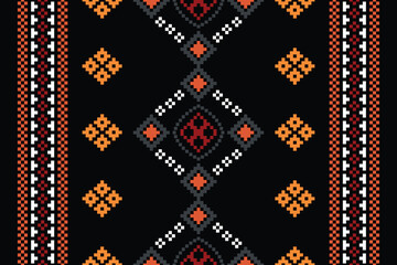 Ethnic geometric fabric pattern Cross Stitch.Ikat embroidery Ethnic oriental Pixel pattern black background. Abstract,vector,illustration. Texture,clothing,frame,decoration,motifs,silk wallpaper.