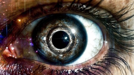 Interdimensional vortex in the reflection of the close up of eye. Iris transposed over space universe and forest scene. 