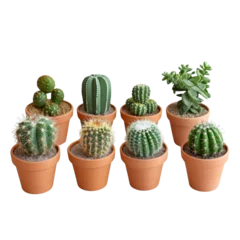Selbstklebende Fototapete Kaktus im Topf Group of Small Cactus Plants in Clay Pots