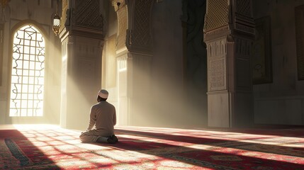 Muslim man having pray sitting in mosque on Ramadan