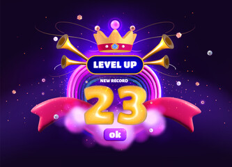 Level up game popup banner with crown, ribbons and trumpets. Reward badge, gui interface label, victory user of casino jackpot result for winner screen, vector cartoon illustration. Ui playing element