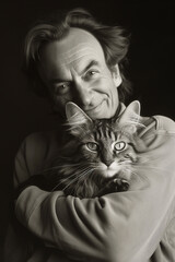 Portrait d'un physicien quantique portant le chat de Schrödinger dans ses bras - obrazy, fototapety, plakaty