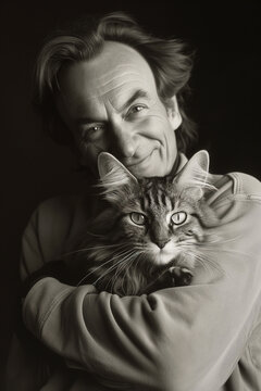 Portrait d'un physicien quantique portant le chat de Schr&ouml;dinger dans ses bras