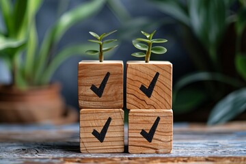 Wooden blocks with check mark symbols for job listings, task lists, surveys, assessments, confirmation, double checking, quality assurance, and achieving business goals and success. - obrazy, fototapety, plakaty