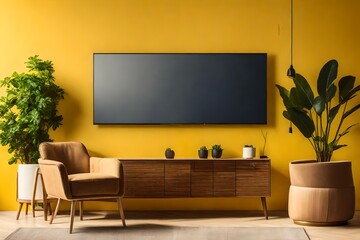 Mockup TV in modern living room with armchair and plant on yellow wall
