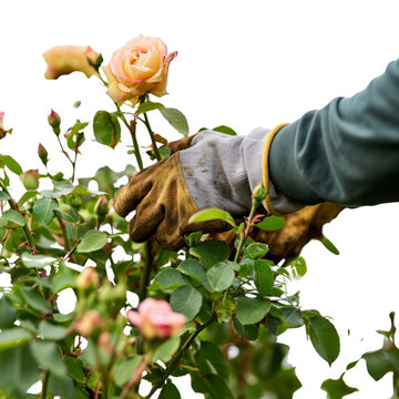 Person Wearing Gloves Trimming Rose Bush With Gardening Gloves