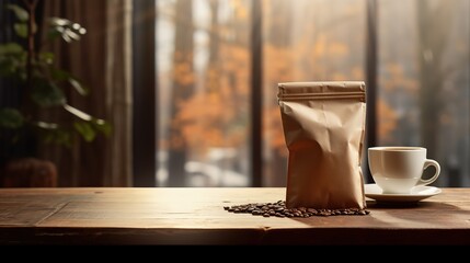 Coffee packaging made of brown paper combines with a coffee cup and roasted coffee beans on the side. generative AI