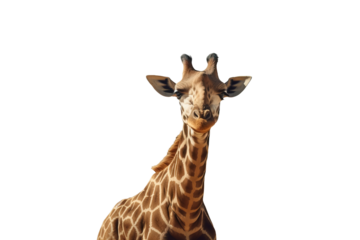 Giraffe head looks at the camera. Isolated transparent background.