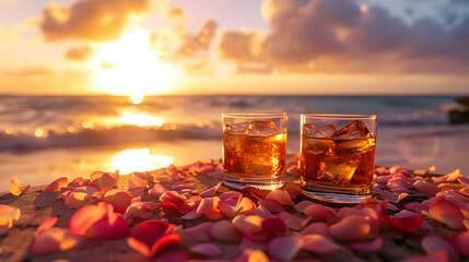 Cinematic photograph of two whisky glasses at a tropical beach. Sunlight. Heart shaped balloons and confeti. Valentines. Love
