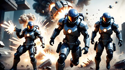 Dramatic video game scene. Futuristic helmet clad heroes combat explosions backlights. Generative AI.