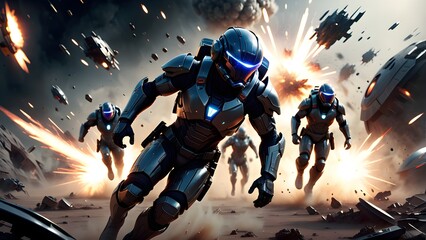 Dramatic video game scene. Futuristic helmet clad heroes combat explosions backlights. Generative AI.