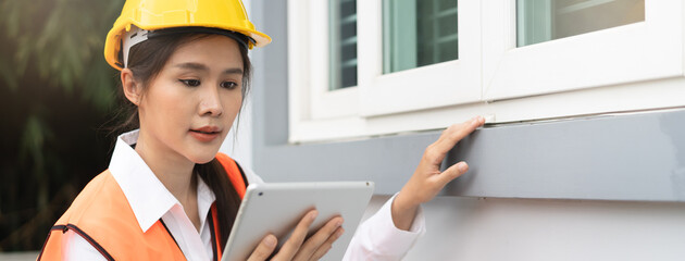Builder inspection consultancy. Inspector checking material and structure in construction.