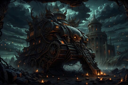 A chaotic landscape of infernal contraptions, where buildings and machines merge into one monstrous entity n7