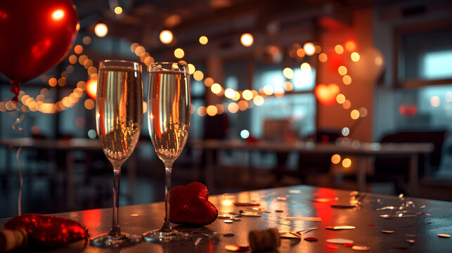 Cinematic photograph of two glasses of champagne At an office. Dim lights. Heart shaped balloons and confeti. Valentines. Love