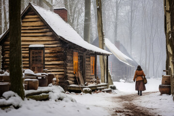 
Canadian woman collecting maple sap in a snowy forest, with a log cabin in the background