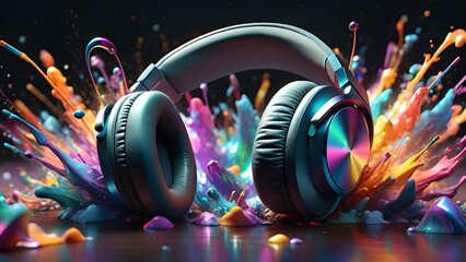 Gaming headset, abstract background, with explosive vivid colors. Generative AI