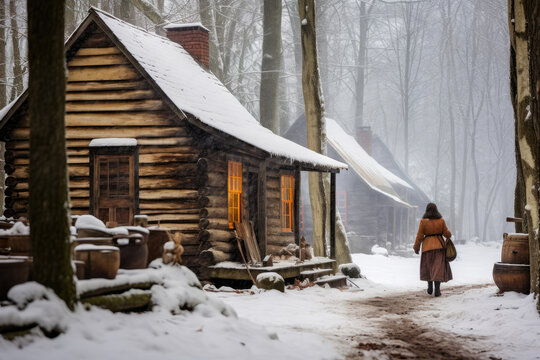 
Canadian woman collecting maple sap in a snowy forest, with a log cabin in the background