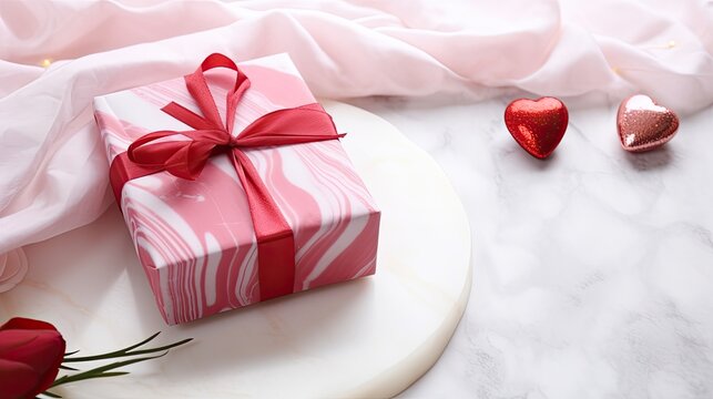 Eco friendly Valentine s Day concept Furoshiki gift wrapping homemade sweets candle on white marble background.
