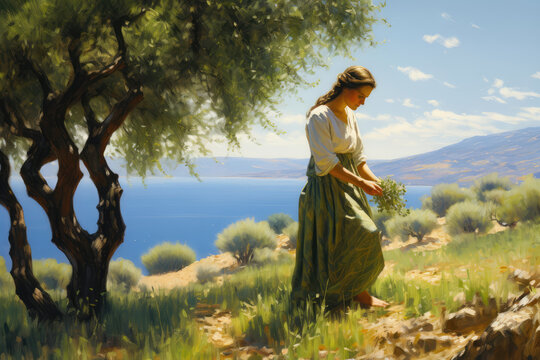 Greek woman picking olives in a sunlit grove, with the Mediterranean Sea in the distance