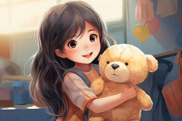 
Illustration of a 4-year-old Chinese girl hugging her stuffed animal, feeling homesick in a daycare setting