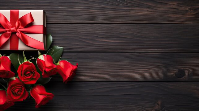 Love and Valentine's day concept made from red rose and gift box on black wooden background. Top view with copy space, flat lay.