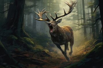 
Illustration of a rabid deer with an unsteady gait and foaming mouth, an unusual but alarming sight in a forest setting - obrazy, fototapety, plakaty
