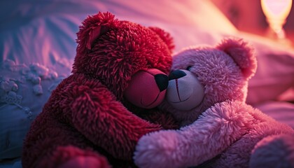 Red Teddy bear embracing a pink Teddy bear in a cozy hug captured in high definition symbolizing warmth love and friendship with a