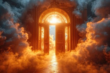 Gate to heaven, heavenly gate, entrance path, light at the end of the tunnel after death, religion Christianity, in the sky in the clouds