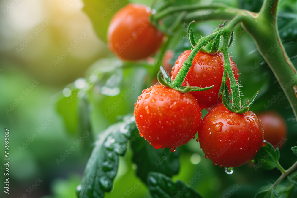 Poster juicy tomatoes in a garden. background image. created with generative ai technology