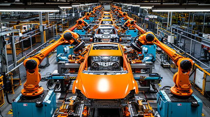 High-Tech Automotive Factory, Robots Assembling Cars, Showcasing Precision and Modern Manufacturing Processes