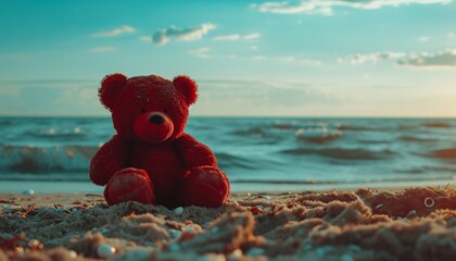 Red Teddy bear enjoying a day at the seaside captured in high definition embodying a carefree and beachy vibe with a
